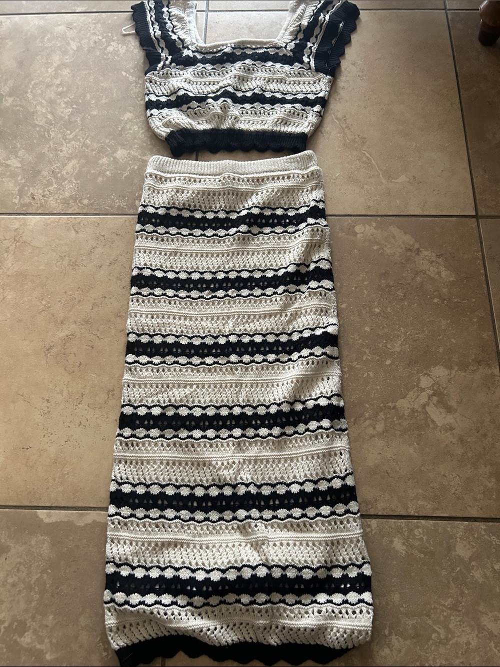 Women’s Black and White Crochet Two-Piece Dress Set